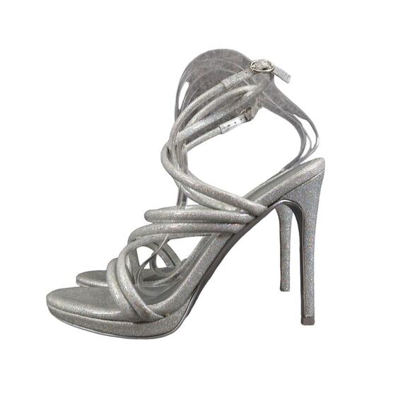 Nine West Shoes Womens 8 Heeled Sandal Ankle Strap Pumps Platform Silver Glitter - Picture 5 of 15